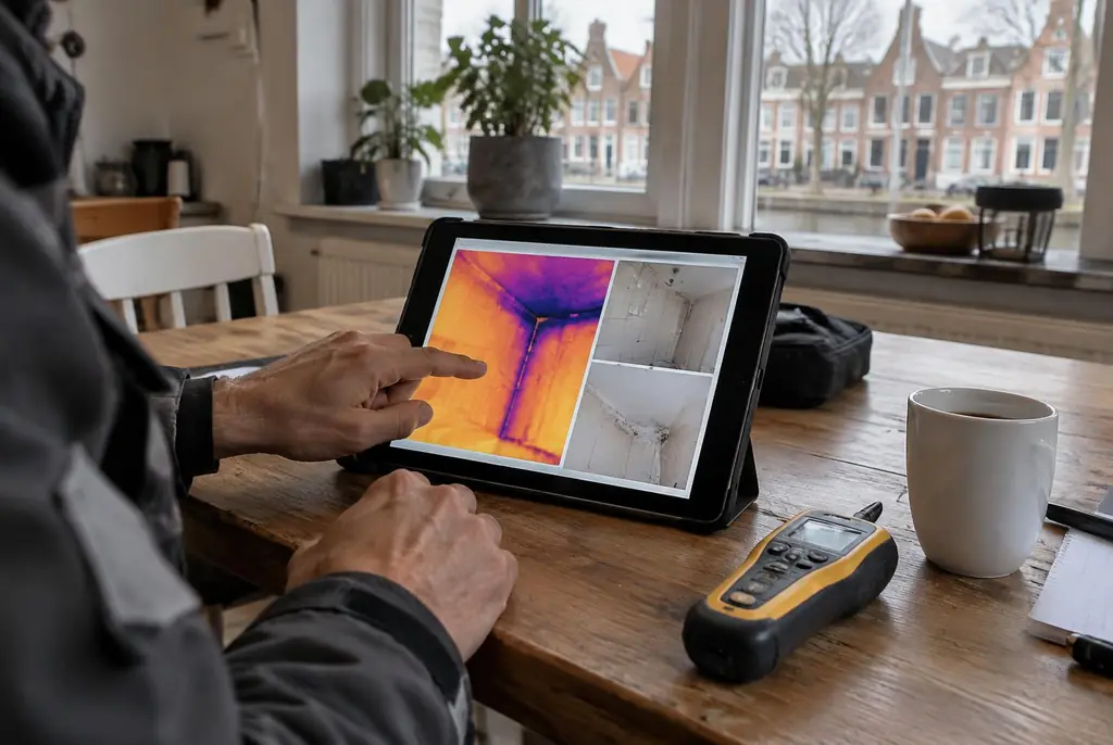 Lekdetectie Capelle aan den IJssel – lekdetectierapport met warmtebeelden en foto's op een tablet
